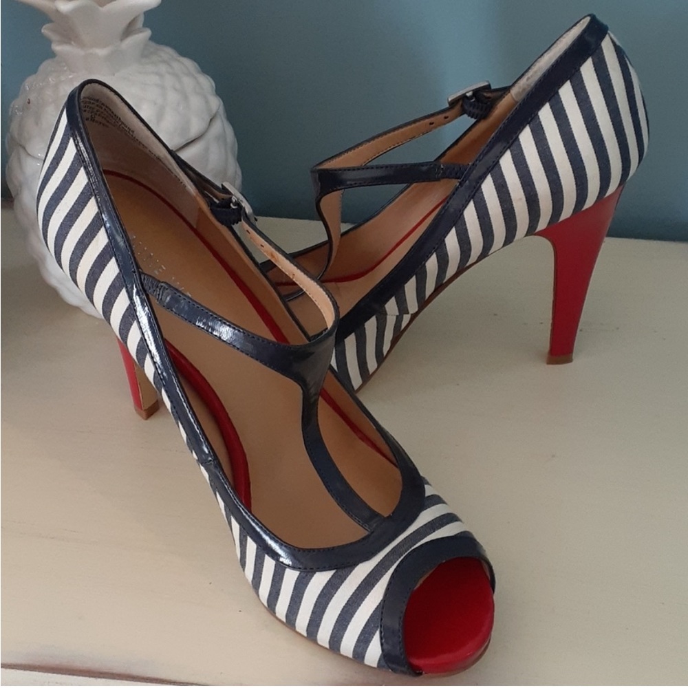Nautical Sailor Navy Blue White Red Stripe Sailor Strappy 3.5 inch Heels